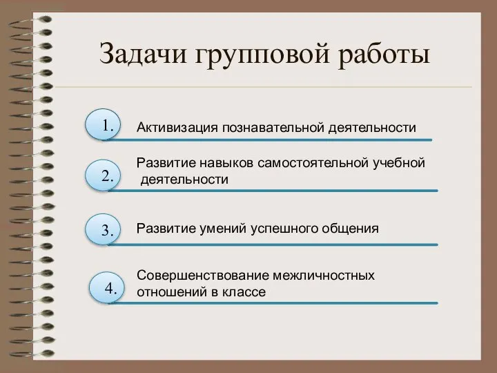 Задачи групповой работы 1. Активизация познавательной деятельности 2. 4. 3. Развитие