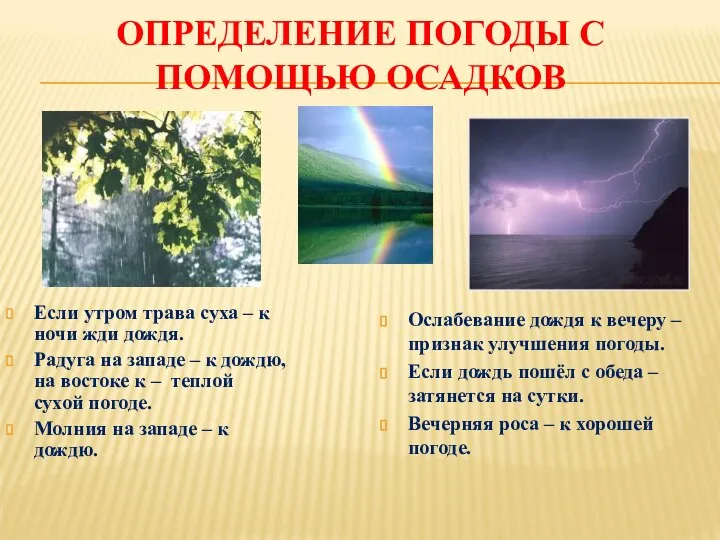 ОПРЕДЕЛЕНИЕ ПОГОДЫ С ПОМОЩЬЮ ОСАДКОВ Если утром трава суха – к