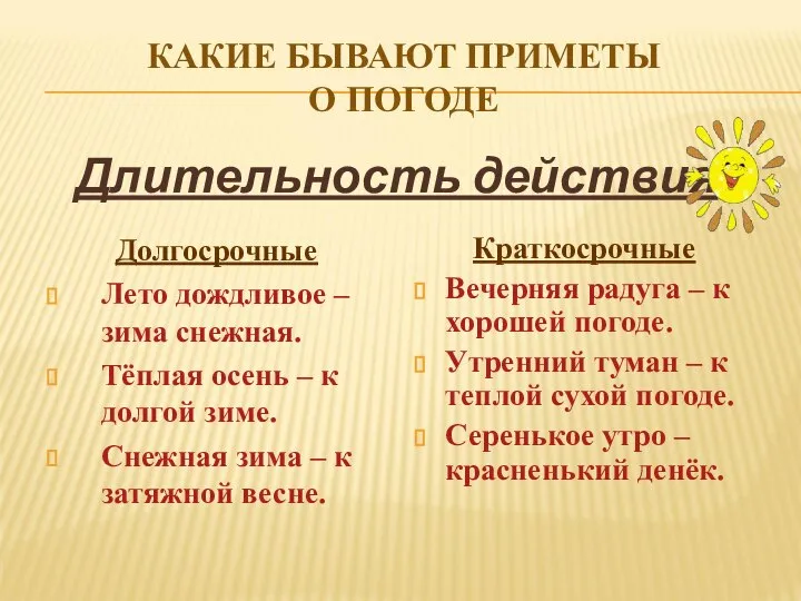 КАКИЕ БЫВАЮТ ПРИМЕТЫ О ПОГОДЕ Долгосрочные Лето дождливое – зима снежная.