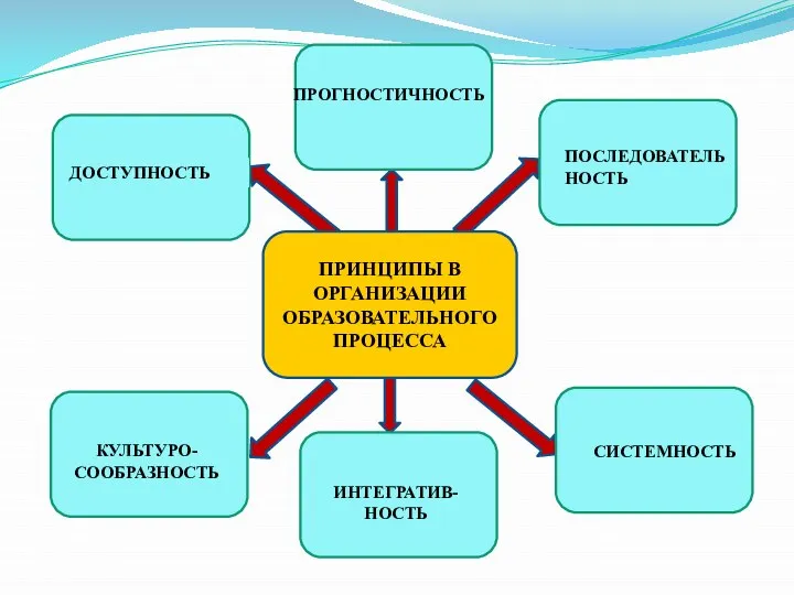 ПРИНЦИПЫ В ОРГАНИЗАЦИИ ОБРАЗОВАТЕЛЬНОГО ПРОЦЕССА ДОСТУПНОСТЬ ПРОГНОСТИЧНОСТЬ ПОСЛЕДОВАТЕЛЬНОСТЬ СИСТЕМНОСТЬ ИНТЕГРАТИВ- НОСТЬ КУЛЬТУРО- СООБРАЗНОСТЬ