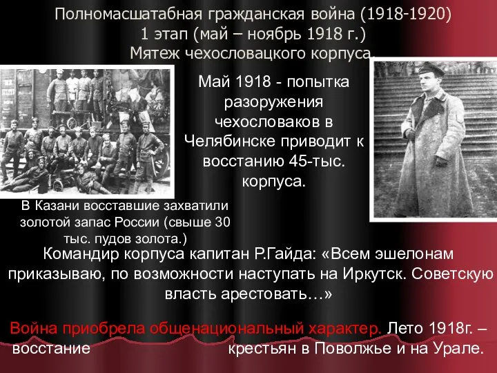 Полномасшатабная гражданская война (1918-1920) 1 этап (май – ноябрь 1918 г.)