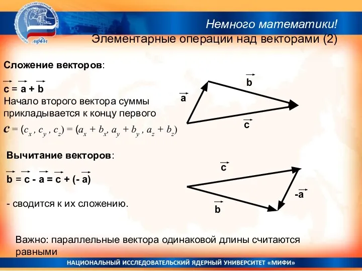 Сложение векторов: c = a + b Начало второго вектора суммы