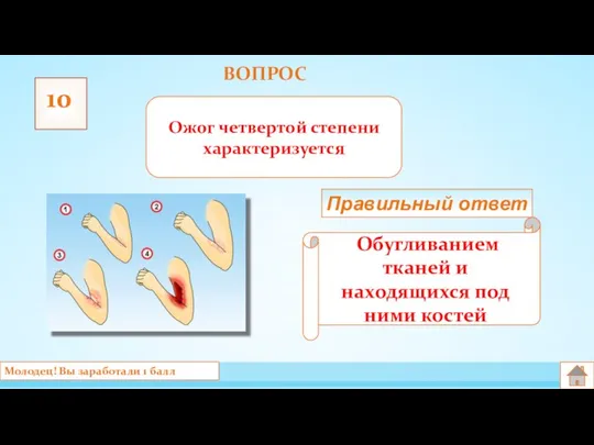 ВОПРОС 10 Ожог четвертой степени характеризуется Обугливанием тканей и находящихся под