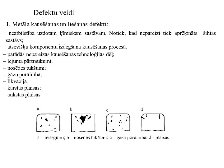 Defektu veidi 1. Metāla kausēšanas un liešanas defekti: neatbilstība uzdotam ķīmiskam