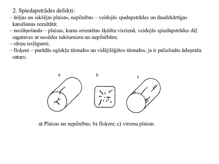 2. Spiedapstrādes defekti: ārējas un iekšējas plaisas, nepilnības – veidojās spedapstrādes