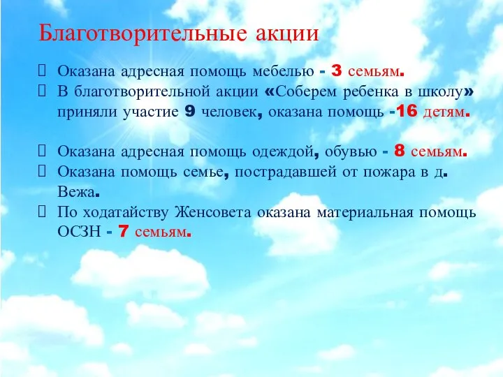 Благотворительные акции Оказана адресная помощь мебелью - 3 семьям. В благотворительной