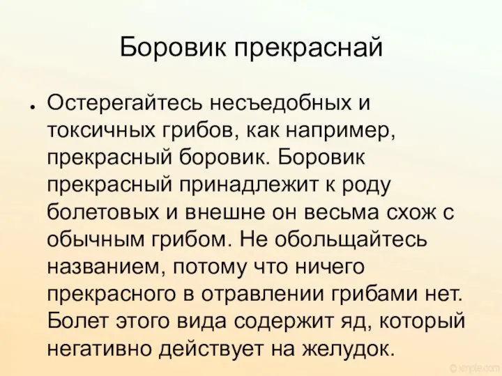 Остерегайтесь несъедобных и токсичных грибов, как например, прекрасный боровик. Боровик прекрасный