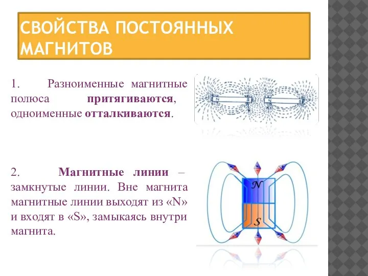 СВОЙСТВА ПОСТОЯННЫХ МАГНИТОВ 1. Разноименные магнитные полюса притягиваются, одноименные отталкиваются. 2.