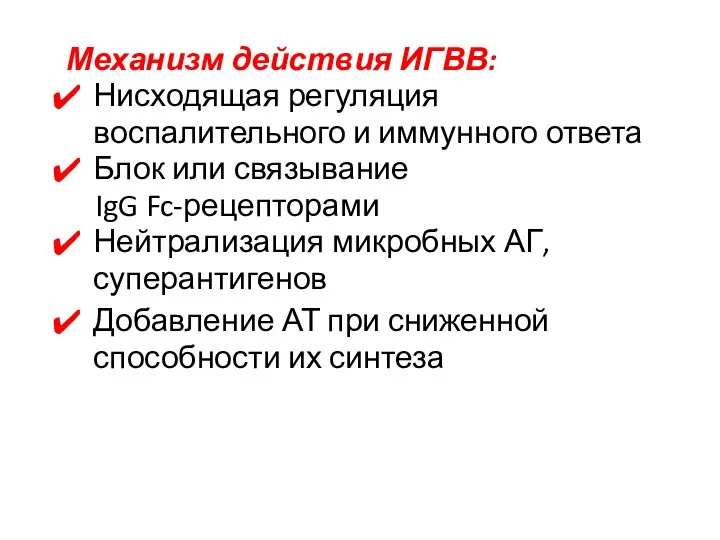 Механизм действия ИГВВ: Нисходящая регуляция воспалительного и иммунного ответа Блок или