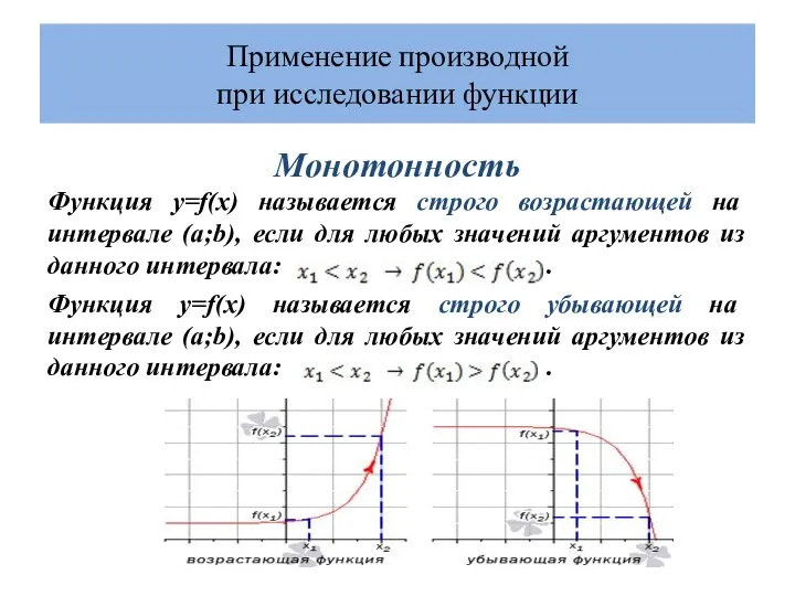 Применение производной при исследовании функции Монотонность Функция y=f(x) называется строго возрастающей
