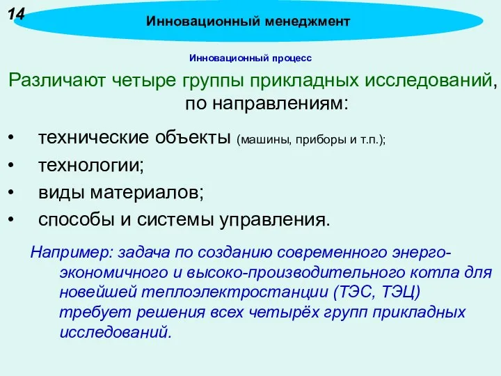 Инновационный процесс Различают четыре группы прикладных исследований, по направлениям: технические объекты