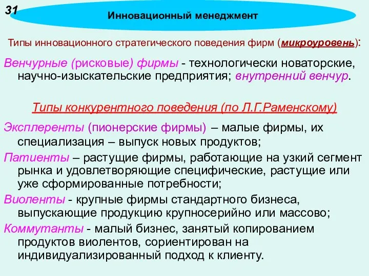 Типы инновационного стратегического поведения фирм (микроуровень): Венчурные (рисковые) фирмы - технологически