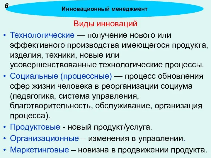 Виды инноваций Технологические — получение нового или эффективного производства имеющегося продукта,