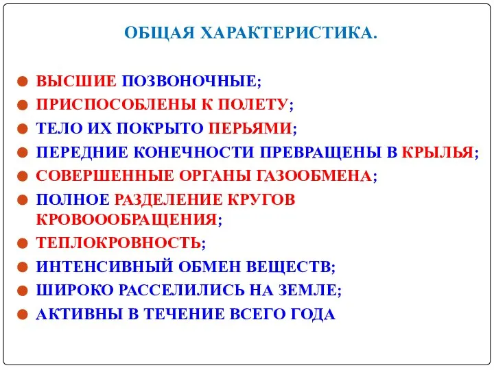 ОБЩАЯ ХАРАКТЕРИСТИКА. ВЫСШИЕ ПОЗВОНОЧНЫЕ; ПРИСПОСОБЛЕНЫ К ПОЛЕТУ; ТЕЛО ИХ ПОКРЫТО ПЕРЬЯМИ;