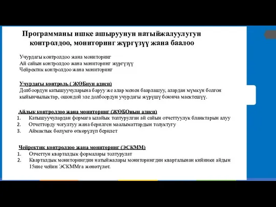 Учурдагы контролдоо жана мониторинг Ай сайын контролдоо жана мониторинг жүргүзүү Чейректик