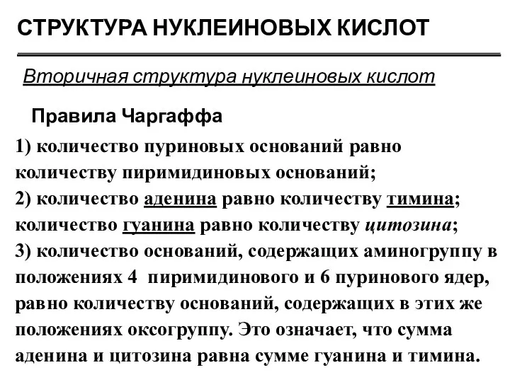 СТРУКТУРА НУКЛЕИНОВЫХ КИСЛОТ Вторичная структура нуклеиновых кислот Правила Чаргаффа 1) количество