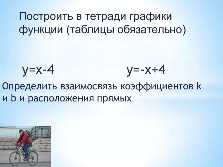 y=x-4 y=-x+4 Определить взаимосвязь коэффициентов k и b и расположения прямых