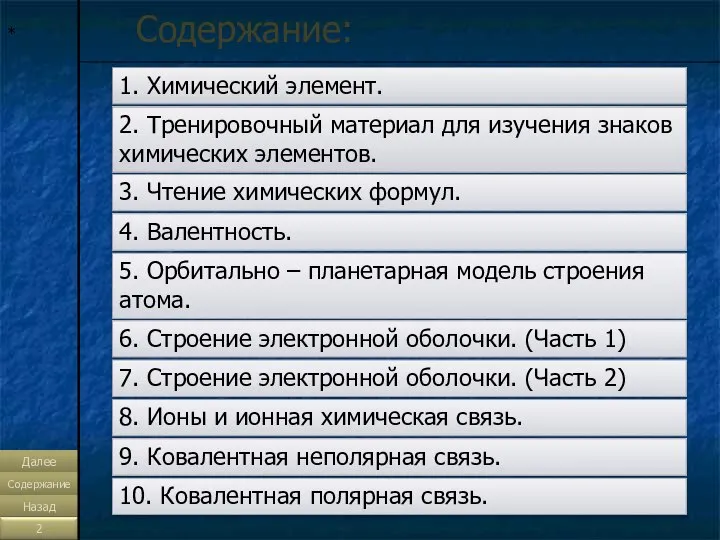 * Содержание: 1. Химический элемент. 2. Тренировочный материал для изучения знаков