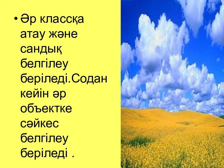 Әр классқа атау және сандық белгілеу беріледі.Содан кейін әр объектке cәйкес белгілеу беріледі .