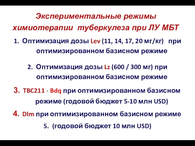 Экспериментальные режимы химиотерапии туберкулеза при ЛУ МБТ Оптимизация дозы Lev (11,