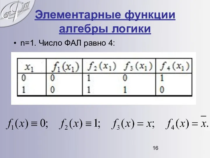 Элементарные функции алгебры логики n=1. Число ФАЛ равно 4: