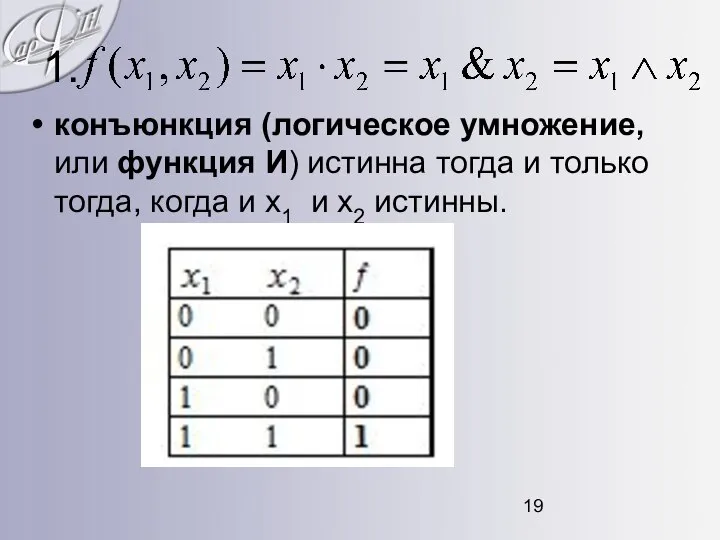 конъюнкция (логическое умножение, или функция И) истинна тогда и только тогда,