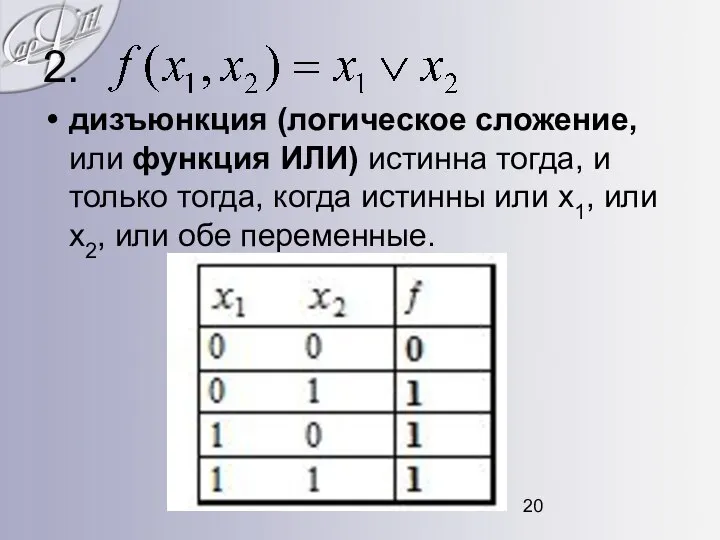 дизъюнкция (логическое сложение, или функция ИЛИ) истинна тогда, и только тогда,