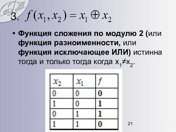 3. Функция сложения по модулю 2 (или функция разноименности, или функция