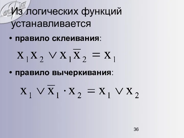 Из логических функций устанавливается правило склеивания: правило вычеркивания: