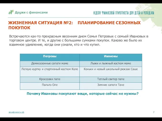 ЖИЗНЕННАЯ СИТУАЦИЯ №2: ПЛАНИРОВАНИЕ СЕЗОННЫХ ПОКУПОК Встречаются как-то прекрасным весенним днем