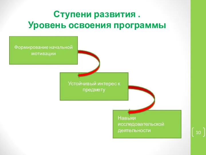 Ступени развития . Уровень освоения программы Устойчивый интерес к предмету Навыки исследовательской деятельности