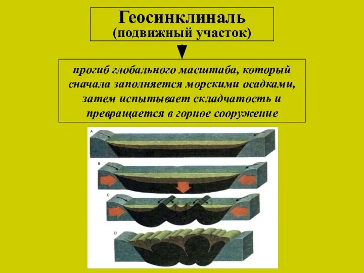 Геосинклиналь (подвижный участок) прогиб глобального масштаба, который сначала заполняется морскими осадками,