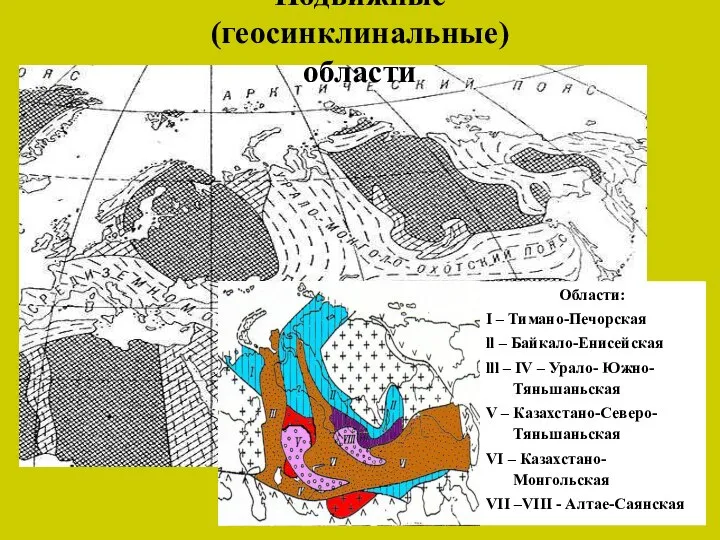 Области: I – Тимано-Печорская ll – Байкало-Енисейская lll – IV –