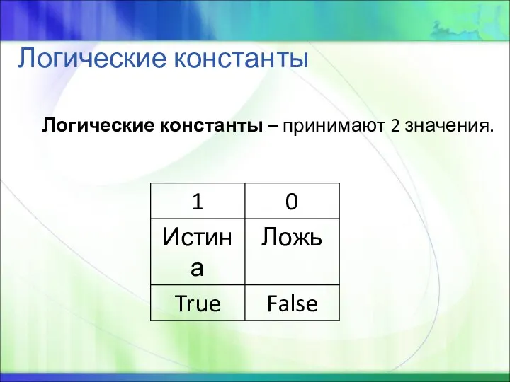 Логические константы Логические константы – принимают 2 значения.