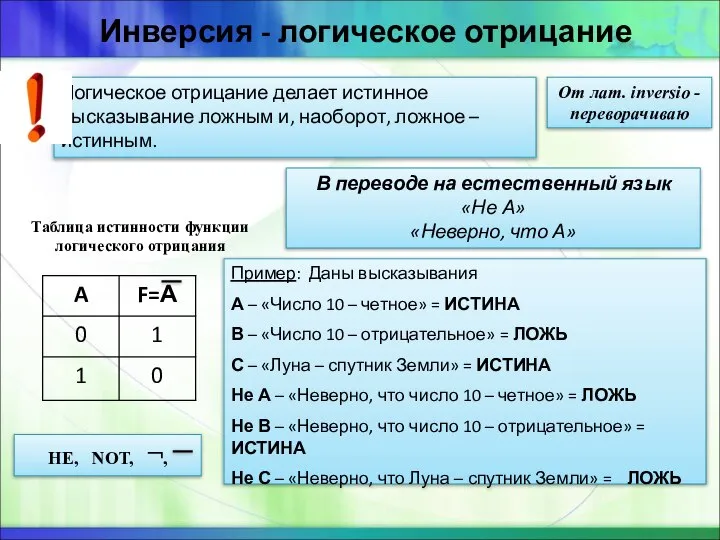 Инверсия - логическое отрицание От лат. inversio - переворачиваю Логическое отрицание