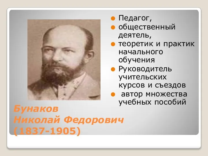 Бунаков Николай Федорович (1837-1905) Педагог, общественный деятель, теоретик и практик начального