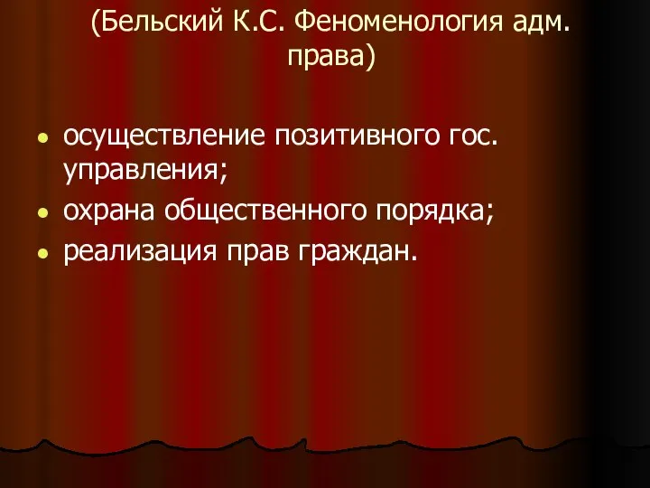 (Бельский К.С. Феноменология адм. права) осуществление позитивного гос. управления; охрана общественного порядка; реализация прав граждан.