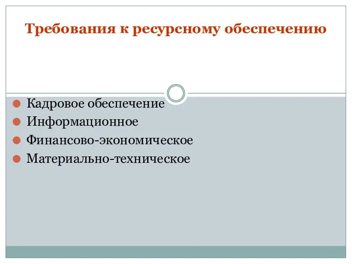 Требования к ресурсному обеспечению Кадровое обеспечение Информационное Финансово-экономическое Материально-техническое