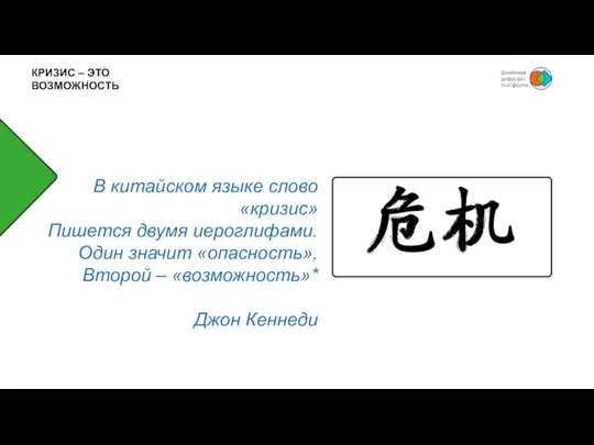 КРИЗИС – ЭТО ВОЗМОЖНОСТЬ В китайском языке слово «кризис» Пишется двумя