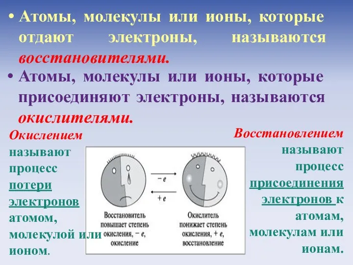 Окислением называют процесс потери электронов атомом, молекулой или ионом. Восстановлением называют