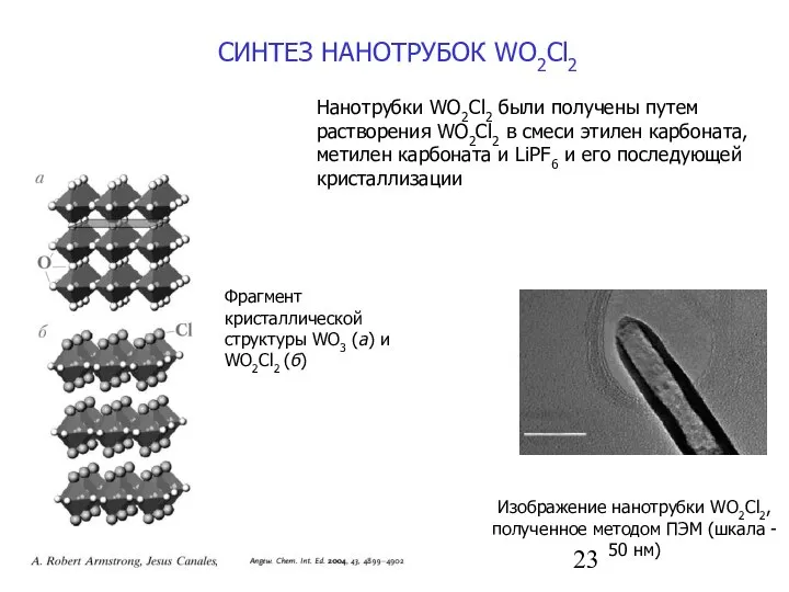 СИНТЕЗ НАНОТРУБОК WO2Cl2 Изображение нанотрубки WO2Cl2, полученное методом ПЭМ (шкала -