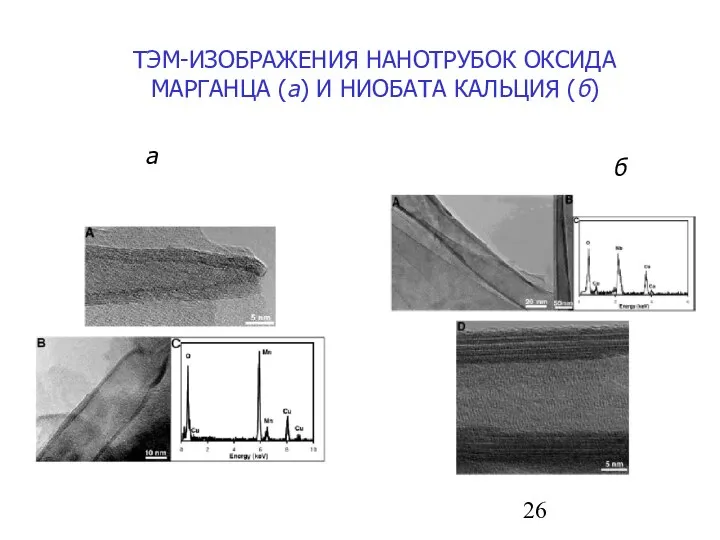 а б ТЭМ-ИЗОБРАЖЕНИЯ НАНОТРУБОК ОКСИДА МАРГАНЦА (а) И НИОБАТА КАЛЬЦИЯ (б)