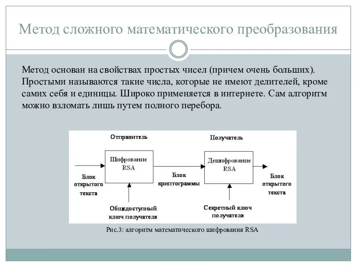 Метод сложного математического преобразования Метод основан на свойствах простых чисел (причем