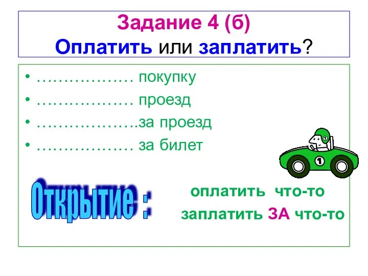 Задание 4 (б) Оплатить или заплатить? ……………… покупку ……………… проезд ……………….за