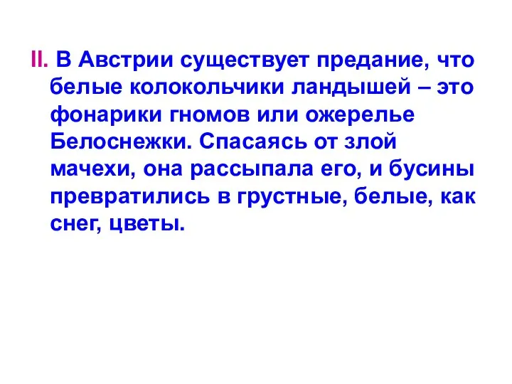 II. В Австрии существует предание, что белые колокольчики ландышей – это