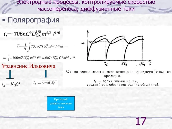 Электродные процессы, контролируемые скоростью массопереноса; диффузионные токи Полярография Уравнение Ильковича Критерий диффузионного тока