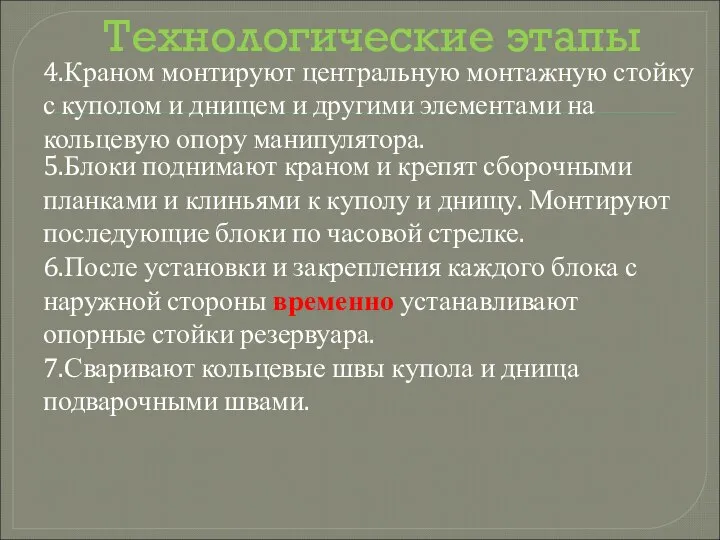 Технологические этапы 5.Блоки поднима­ют краном и крепят сборочными планками и клиньями