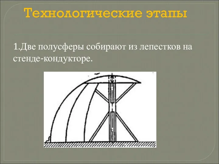 Технологические этапы 1.Две полусферы собирают из лепестков на стенде-кондукторе.