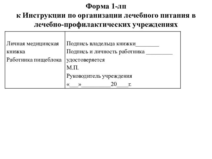 Форма 1-лп к Инструкции по организации лечебного питания в лечебно-профилактических учреждениях