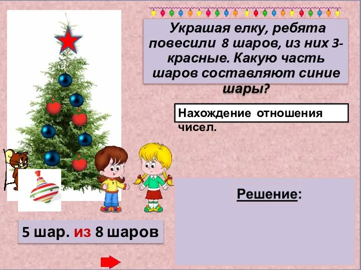 Украшая елку, ребята повесили 8 шаров, из них 3- красные. Какую